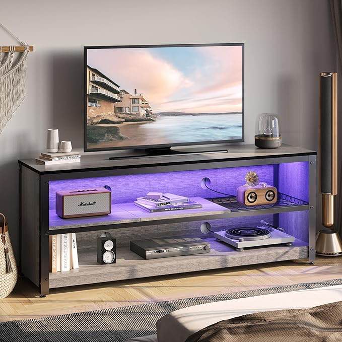Bestier Gaming Entertainment Center for 50/55/60 Inch TVs, LED TV Stand Cabinet with Adjustable Shelves, Wood Industrial TV Media Console Table with Metal Frame for Living Room Bedroom, Gray