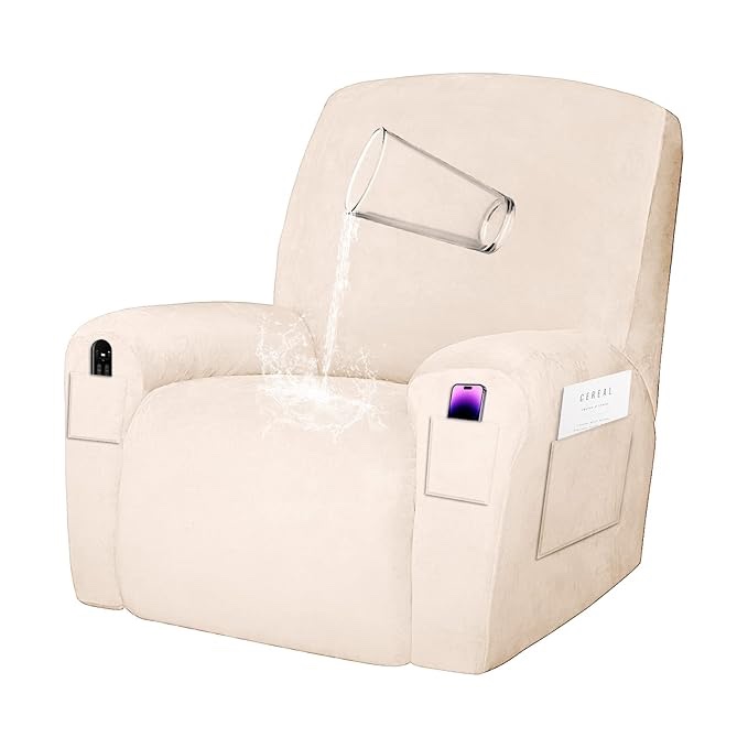 ZPUGUT Recliner Slipcovers Velvet 4-Piece Set, Waterproof Recliner Sofa Cover. Single Seat Multifunctional Pocket Recliner Cover. Stretch Recliner Sofa Cover. Soft Waterproof Sofa Cover (Ivory White)