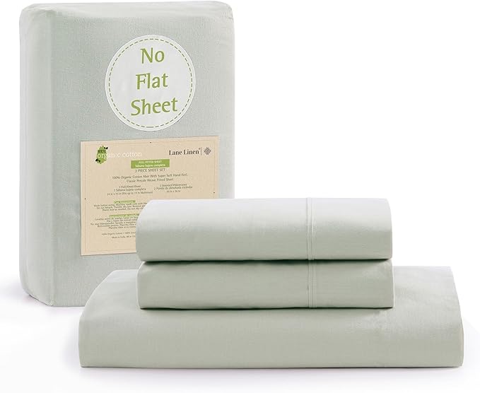 LANE LINEN Full Fitted Sheet, 100% Organic Cotton, 3-Piece Set (1 Fitted Sheet,2 Pillowcases), Percale Weave, Full Bed Bottom Sheet, Ultra Soft, Fits Mattress Upto 15" Deep - Mineral(No Flat Sheet)