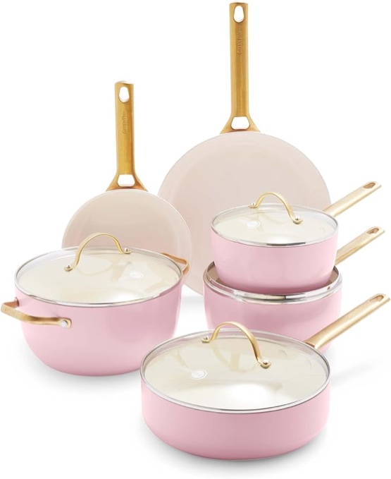 GreenPan Reserve Hard Anodized Healthy Ceramic Nonstick 10 Piece Cookware Pots and Pans Set, Gold Handle, PFAS-Free, Dishwasher Safe, Oven Safe, Blush Pink
