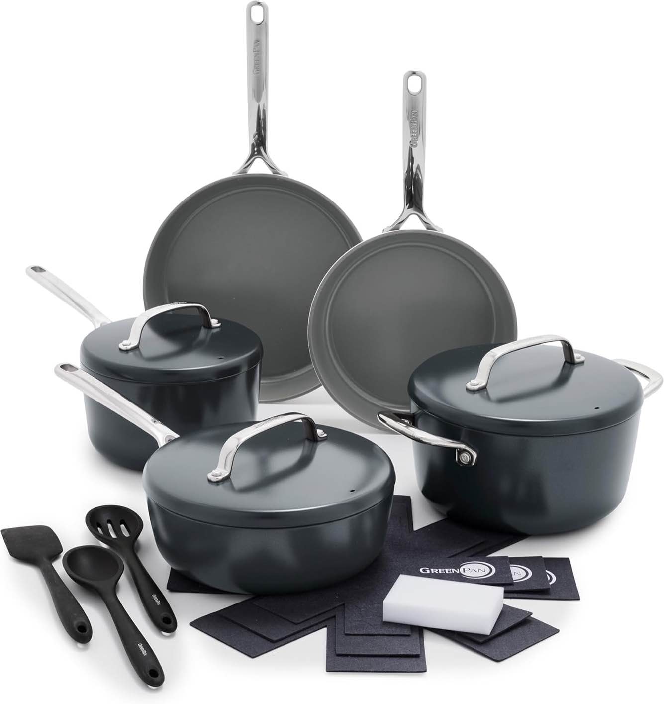 GreenPan GP5 Hard Anodized Healthy Ceramic Nonstick 14 Piece Cookware Pots and Pans Set,Heavy Gauge Scratch Resistant,Stay-Flat Surface, Induction, Mirror Finish Handle,Oven Safe,PFAS-Free,Cocoa