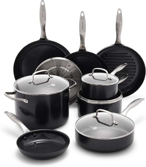 GP Black Pro Infinite8 Ceramic Nonstick 13 Piece Set, Hard Anodized, Stainless Steel Handle, Saute and Saucepans, PFAS-Free