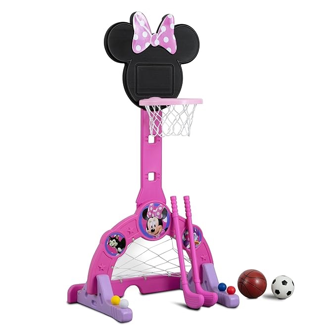 Delta Children - Disney Minnie Mouse 4-in-1 Sports Center – Adjustable Easy Score Basketball Hoop, Soccer/Hockey Net and Golf Game, 4 Golf/Hockey Balls, Pink