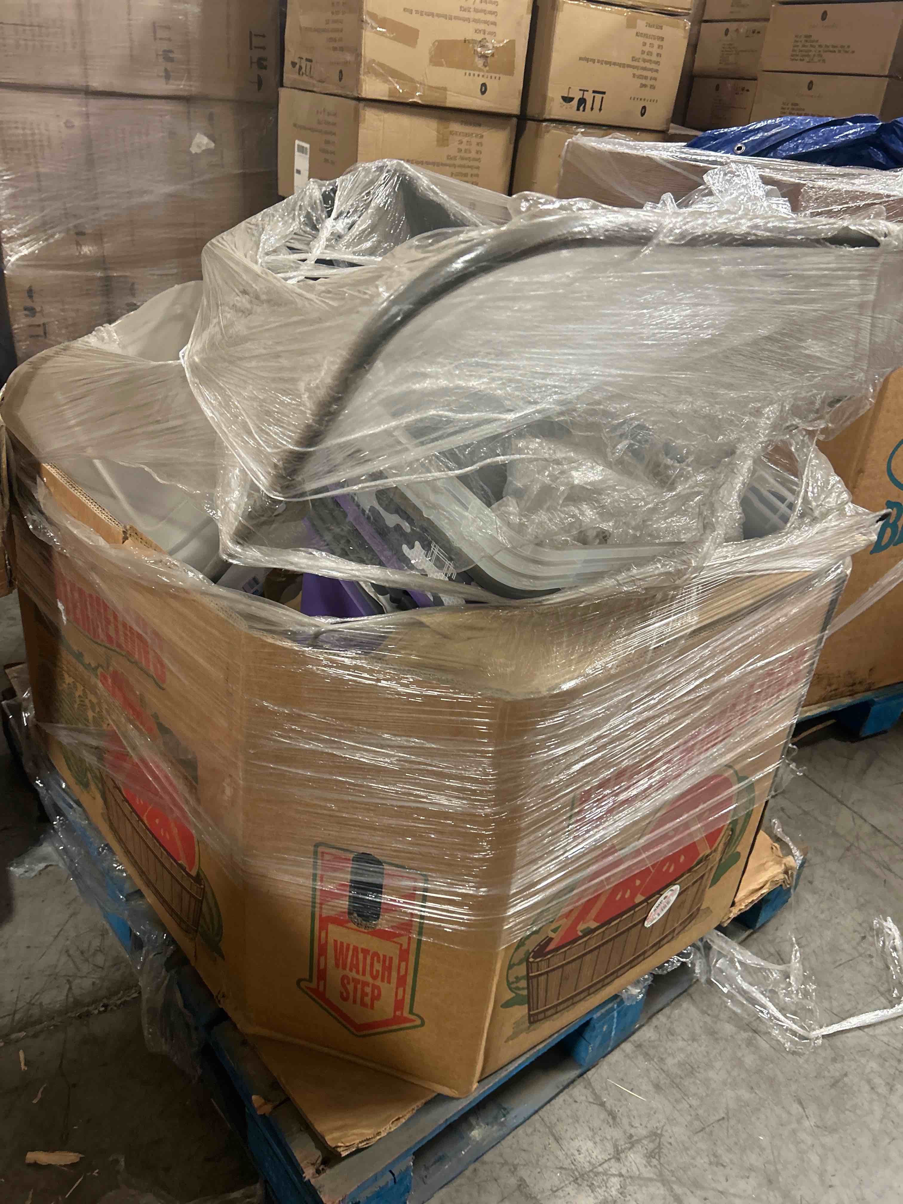 pallet lot of assorted goods , storage bins, and more 