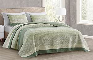 Chezmoi Collection Reed 3-Piece Chic Patchwork Striped Quilt Set - Green Floral Coverlet - Pre-Washed Cotton Lightweight Reversible Bedspread, King Size
