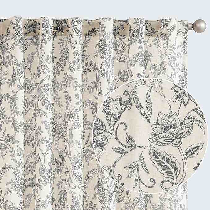jinchan Floral Curtains Linen Blend Curtains for Living Room Black French Country Farmhouse Curtains 90 Inches Long Light Filtering Kitchen Window Back Tab Semi Sheer Curtains 2 Panels