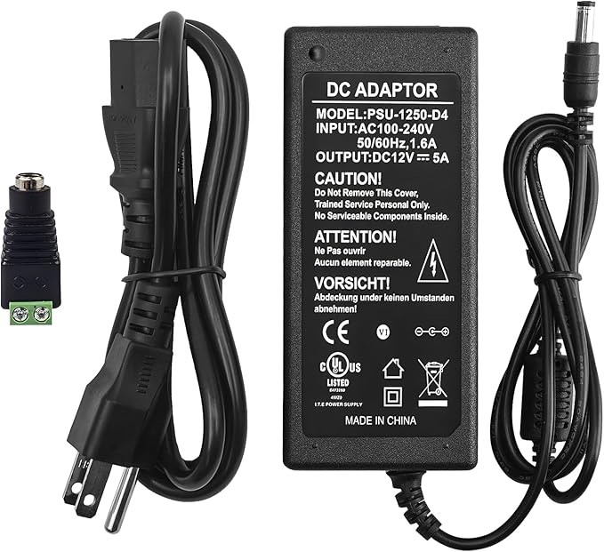 DC 12V 5A Power Supply Adapter?AC 100-240V to DC 12V Transformer?for CCTV Security Surveillance Cameras?Router, LED Strip Light?with DC Connector Terminal?UL-Listed