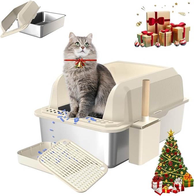 Stainless Steel Litter Box with Lid, Metal Cat Litter Box, Enclosed Extra Large Kitty Litter Box High Wall, Jumbo Cat Litter Box with Odorless, Non-Sticky, Anti-Leakage (XL Yellow)