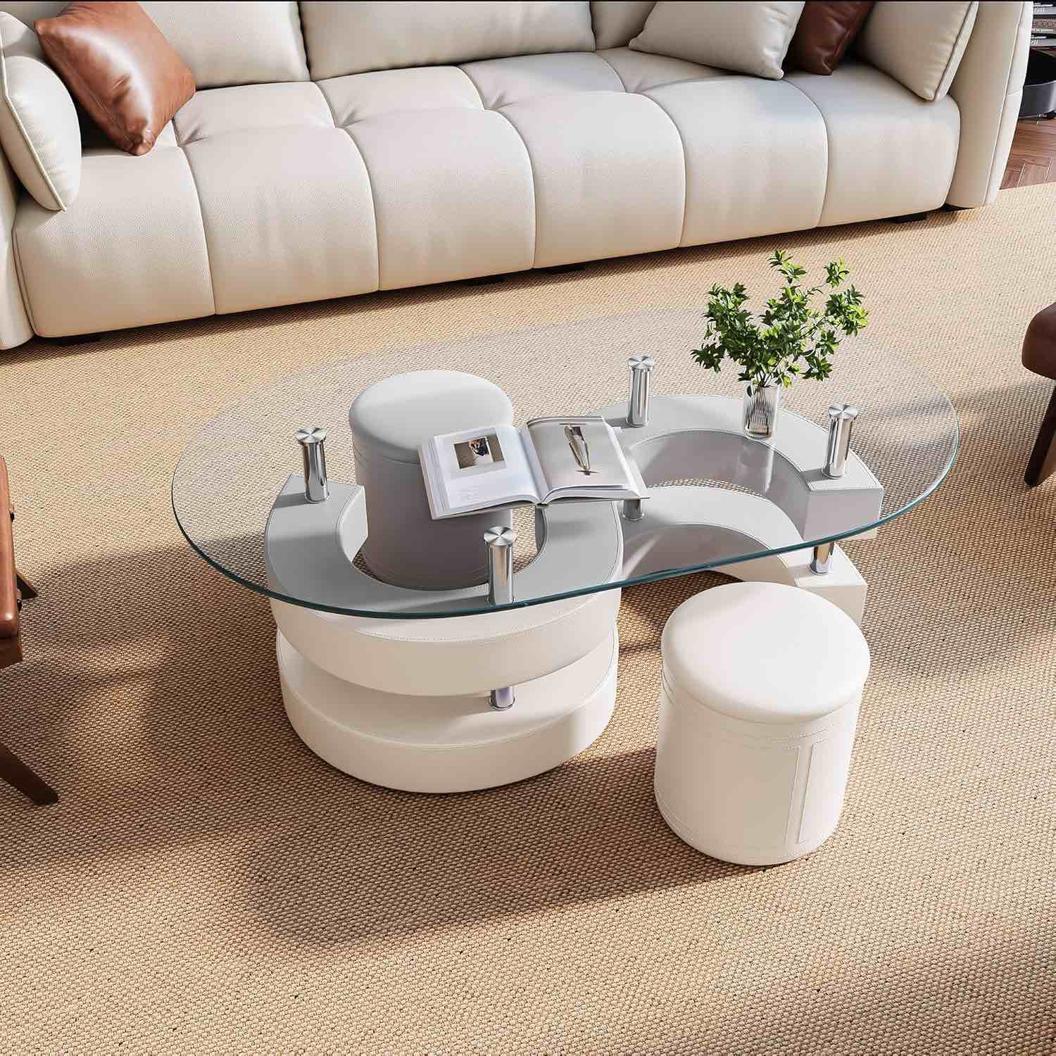 Oval Glass Coffee Table Set of 3, 0.39" Tempered Glass Top and S Shape Base, Modern Coffee Table with 2 Leather Stools, Accent Coffee Table for Living Room Bedroom, White