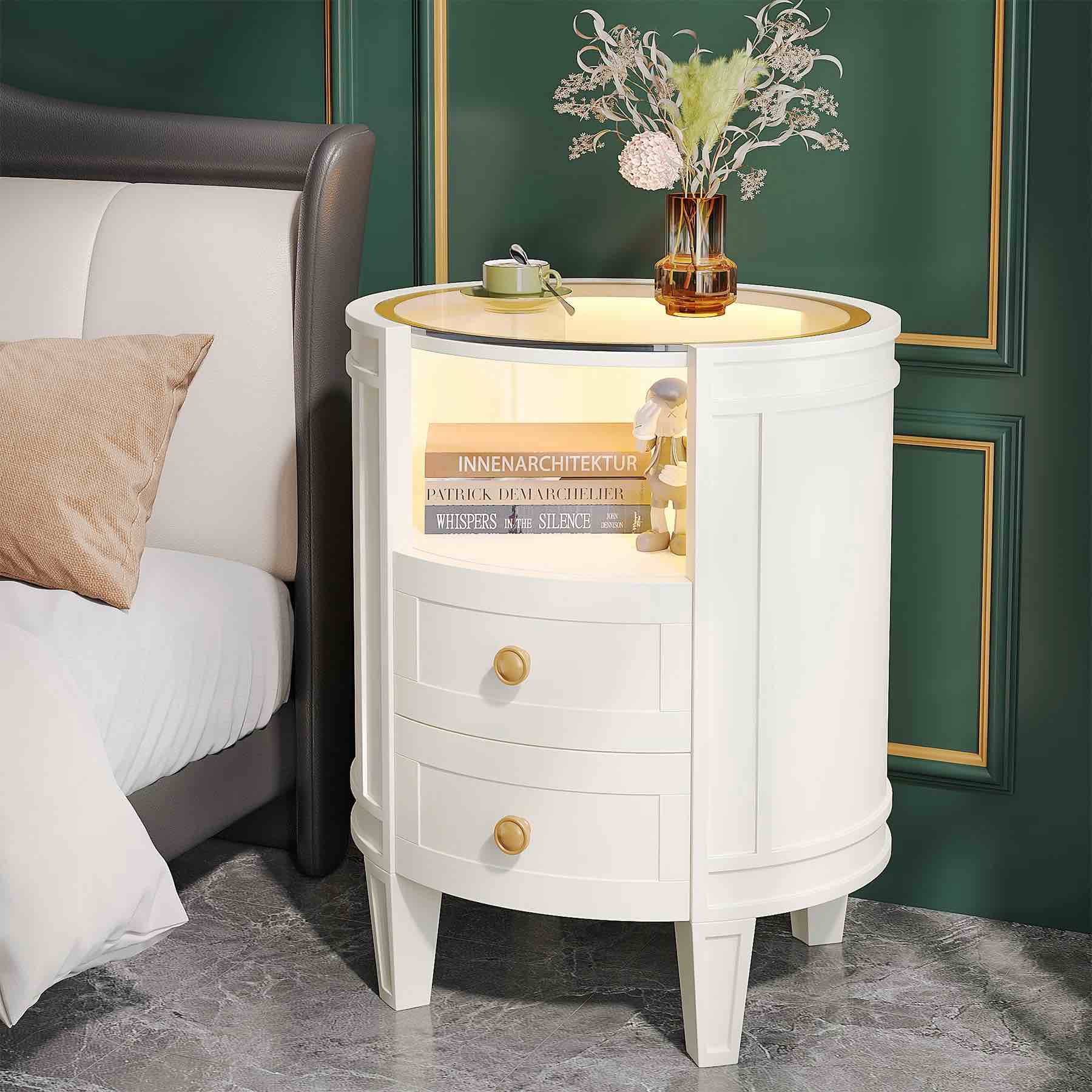 Kentshire Oval White Nightstand with LED and Glass Tabletop