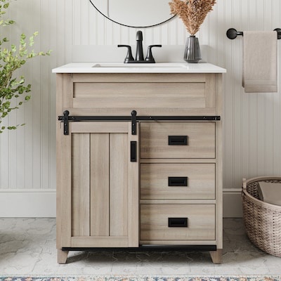 style selections Morriston 30 inch vanity with top light wood finish base white engineered marble top