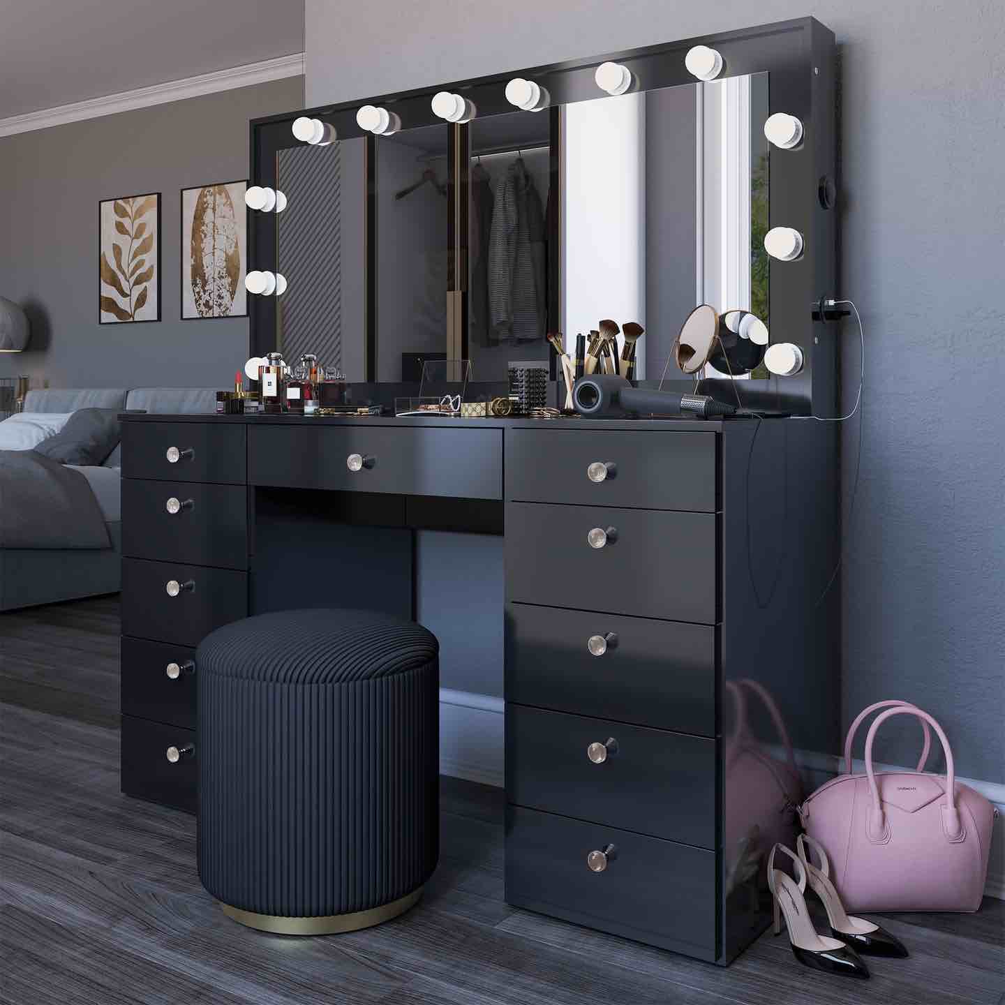 Orla Extra Large Makeup Vanity with Bluetooth Speakers, Lights, USB & Power Outlet and 11 Drawers