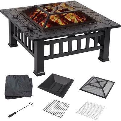 32'' Patio Outdoor Wood Burning Fireplace, Metal Bonfire Square Fire Pit, with/ Spark Screen, Log Grill Grate, Poker, 600D Cloth Cover