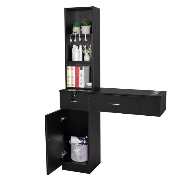 Ktaxon Wall Mount Hair Styling Barber Station, Styling Salon Cabinet with 2 Drawers, Black