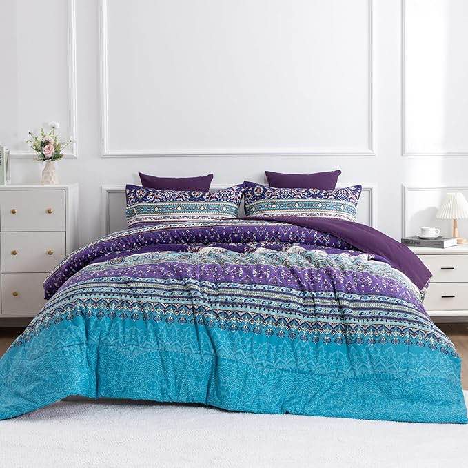 Boho Floral Mandala Paisley Bohemian Purple Printed Queen