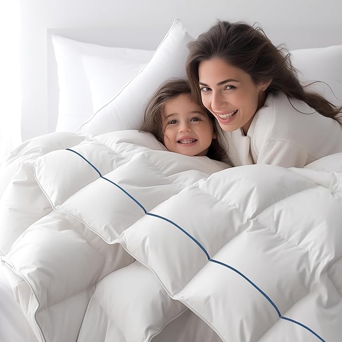 Bedsure Down Comforter Queen Size, Goose Down Comforter with 100% Cotton Fabric Cover, All Season Goose Feather Down Comforter Machine Washable (90x90