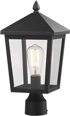 zeyu Outdoor Post Light, 16 Inch Exterior Pole Light Pillar Lantern with Clear Glass Shade and Black Finish, 20076P