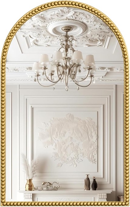 Arched Wall Mirror with Gold Beaded Frame Decorative Accent Mirror, Modern Distressed Wall Decor for WashRoom, Bathroom, Bedroom, Living Room, Entryway