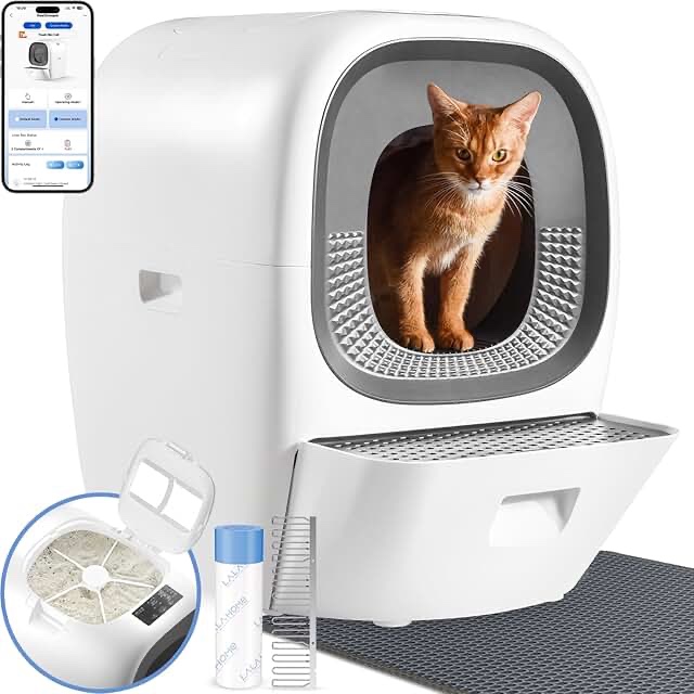 Self Cleaning Cat Litter Box Auto Refill, Automatic Cat Litter Box Multiple Cats, Odor Removal/App Control/Integrated Safety/Anti-Pinch Rake Scoop, Large Smart Kitty Litter Box with Bag & Mat