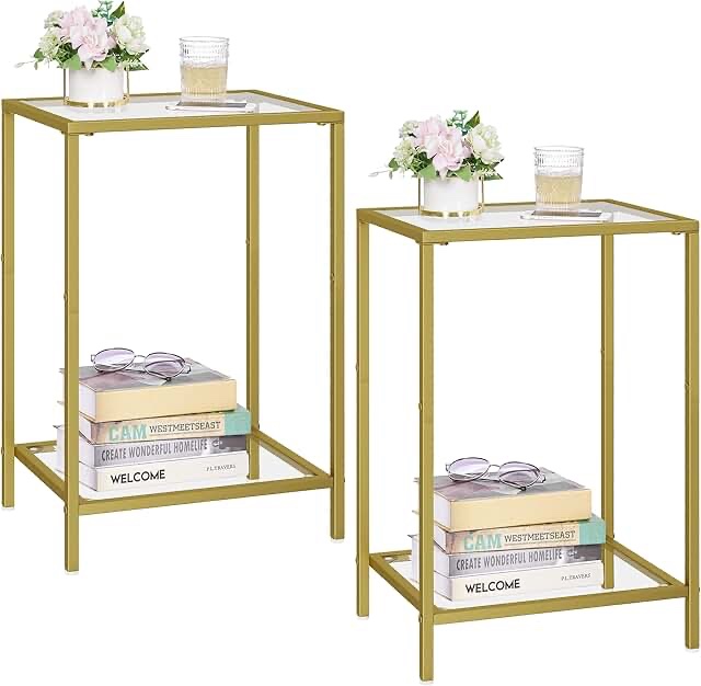 Side Tables Set of 2, End Tables with Tempered Glass, 2-Tier Nightstands with Storage Shelves, Slim Sofa Table for Living Room, Bedroom (2, Golden)