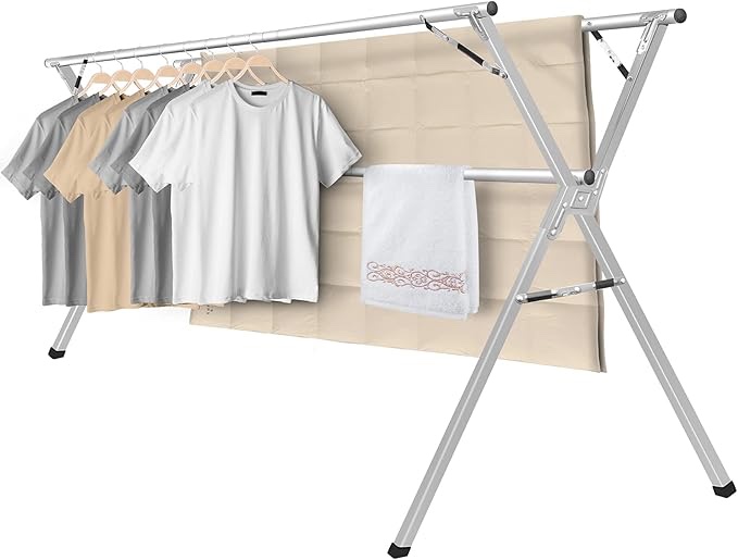 Sillars Clothes Drying Rack, 94.5 inches Laundry Drying Rack Clothing Foldable & Collapsible Stainless Steel Heavy Duty Clothing Drying Rack with Windproof Hooks for Indoor Outdoor