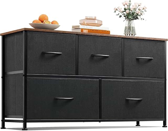 WLIVE Dresser for Bedroom with 5 Drawers, Wide Chest of Drawers, Fabric Dresser, Storage Organizer Unit with Fabric Bins for Closet, Living Room, Hallway, Black and Rustic Brown