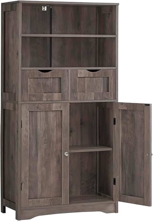IWELL Large Storage Cabinet, Bathroom Cabinet with 2 Drawers & 2 Shelf, Cupboard, Sideboard for Living Room, Bedroom, Office, Rustic Oak