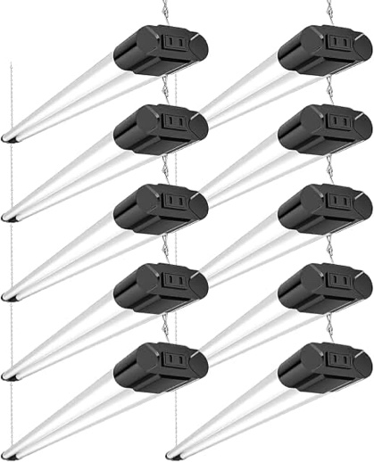 BBOUNDER 10 Pack Linkable LED Utility Shop Light, 4400 LM, 6500K Cool Daylight, 4 FT, 48 Inch Integrated Fixture for Garage, 40W Equivalent 250W, Surface + Suspension Mount, Black