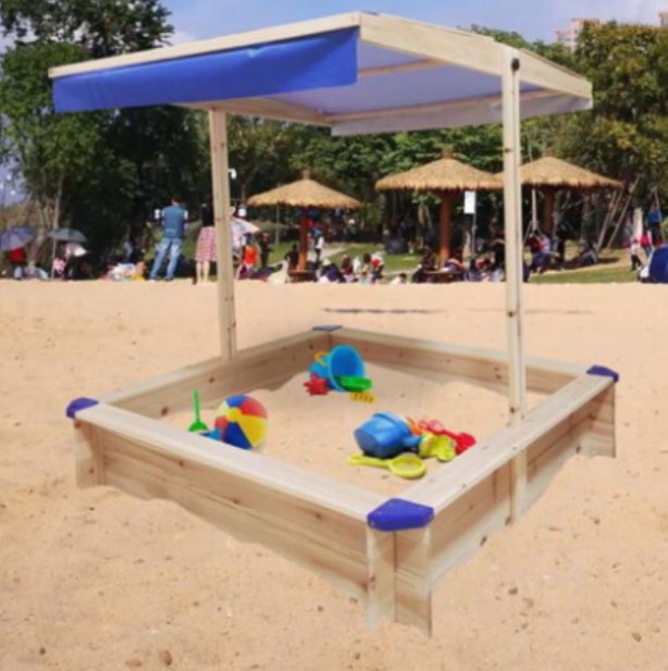 Children's Wooden Sandbox with Adjustable Canopy, Sandpit with Covers Kids Wood Playset Outdoor Backyard - Upgrade Retractable, 45.3"L x 45.3"W x 46.5"H, Natural W2644P170128