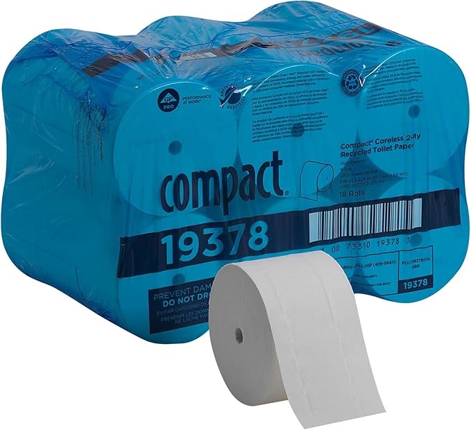Compact Coreless 2-Ply Recycled Toilet Paper by GP PRO (Georgia-Pacific), 19378, 1,500 Sheets Per Roll, 18 Rolls Per Case