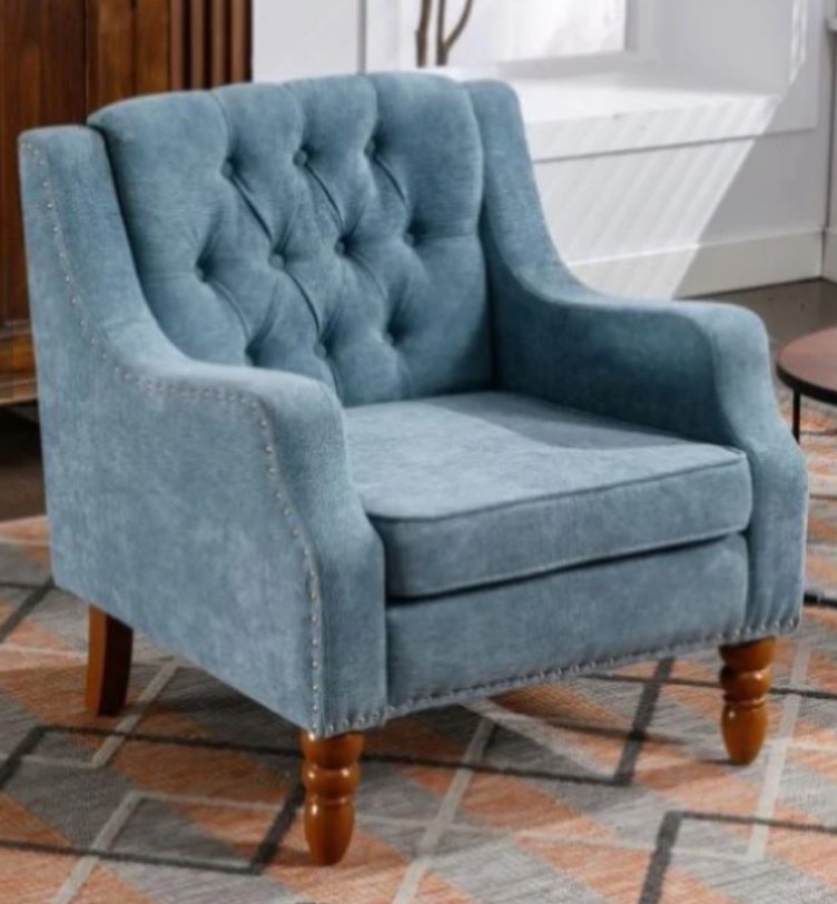 ZNTS Blue Accent Chair, Living Room Chair, Footrest Chair Set with Vintage Brass Studs, Button Tufted W1170100894