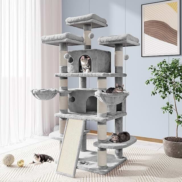 Allewie 68 Inches Cat Tree House with Condo, Scratching Post, and Multi-Level Towers for Cats - Smokey Grey