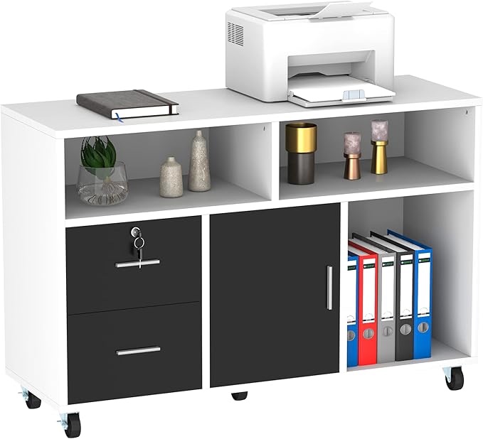 YITAHOME Wood File Cabinet, 2 Drawer Mobile Lateral Filing Cabinet, Storage Cabinet Printer Stand with Lock and Open Storage Shelves for Home Office, White