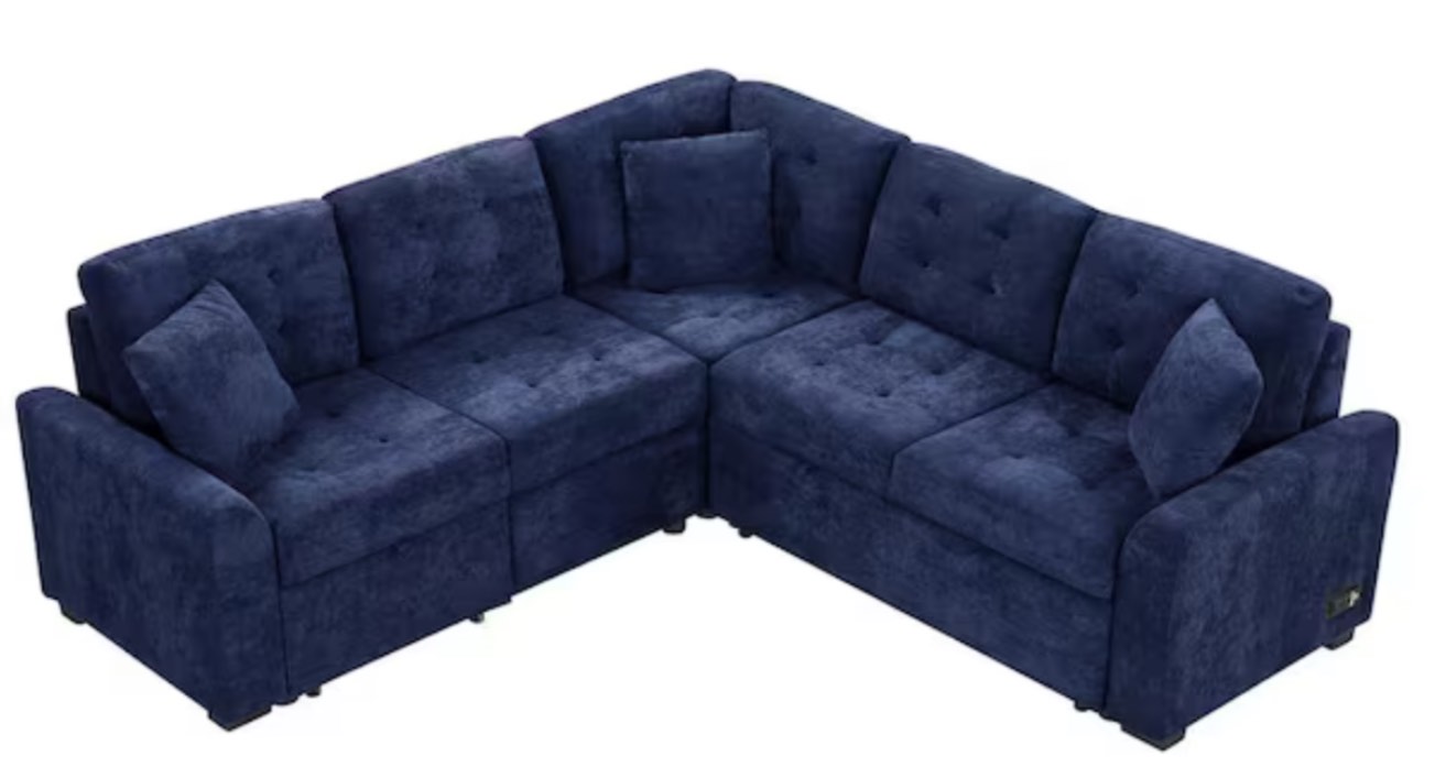 Complete!! Living Room Furniture Sets, Reversible L-Shaped Sectional Sofa Couch, Chenille Upholstered Couch-Navy