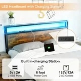 LED Queen Bed Frame with Storage Headboard & 4 Drawers, Industrial Metal Platform Bed with Power Charging Station & USB Ports