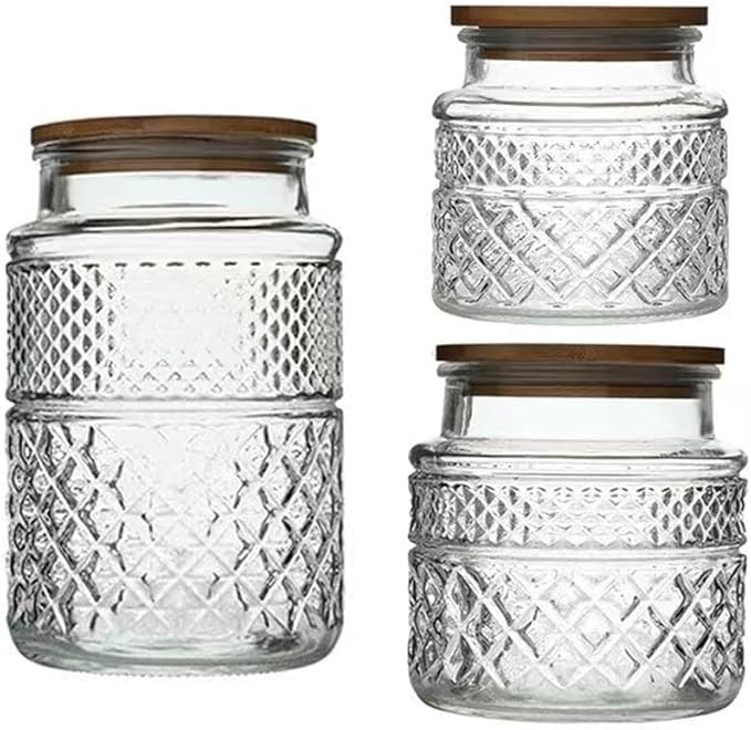 lass Storage Jars Vintage Embossed Canisters Food Cereal Storage Containers with Bamboo Lid, Decorative Jars for Kitchen Counter,Pantry,Set 3-Piece Glass Jars in 60 oz/40 oz/20 oz (Round)