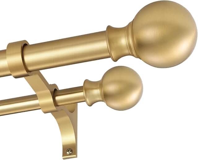 Double Curtain Rods 72-144 Inches with Round Finials, 1 Inch Heavy Duty Drapery Rod with Unique Aluminum Alloy Brackets for Windows, Sliding Door, Patio, Living Room Decoration, Brushed Gold