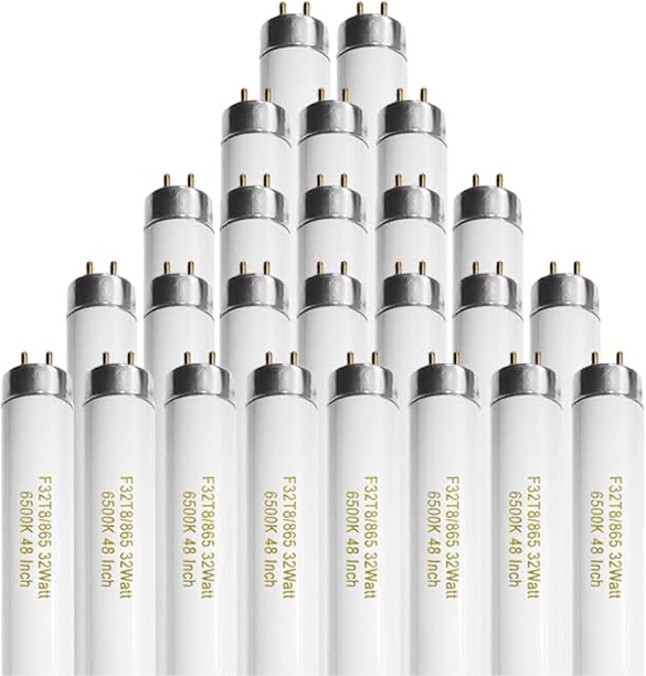 25 Pack T8 Fluorescent Bulbs 4 Foot, F32T8/865 Fluorescent Light Bulb 48 Inch 32 Watt 6500K Daylight 2500 Lumens G13 Base