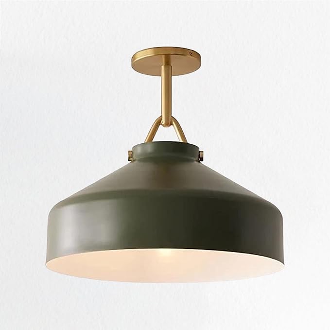 Industrial Meta Flush Mount, Colse to Ceiling Light with 16 Inch Conical Ivory Shade and Black Hanging Canopy& Pole, Hand-Crafted Semi Flush Mount for Entryway, Living Room, Dining Room