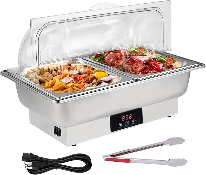 Electric Roll Top Chef Chafing Dish Buffet Set 2 Pans Buffet Servers and Warmers Digital Display Temperature Warming Tray Stainless Steel Food Warmer for Parties Commercial Food Steam Table