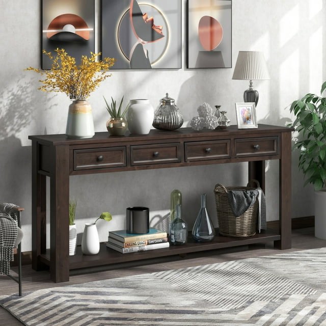 Extra Long Console Table, 64" Farmhouse Wood Sofa Table with 4 Storage Drawers and Open Bottom Shelves, Wood Couch Accent Vintage Entryway Side Table for Hallway, Living Room, Espresso