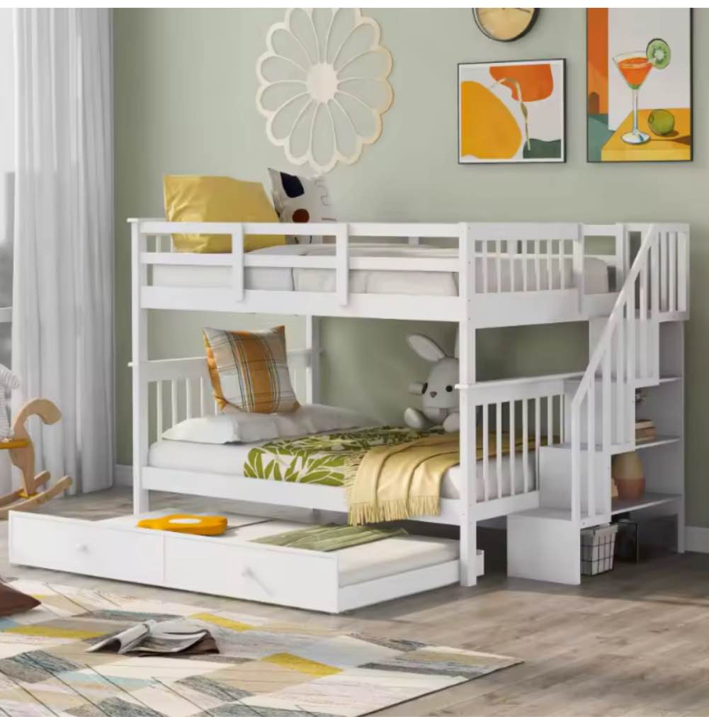 Irway Full-Over-Full Bunk Bed with Twin Size Trundle\ Storage and Guard Rail for Bedroom\ Dorm - W