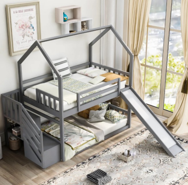 Twin House Bunk Bed with Convertible Slide Design ( Gray 