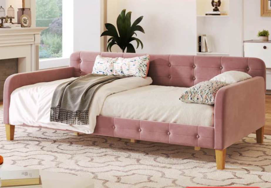 Full Size Upholstered Daybed with 4 Support Legs,Pink