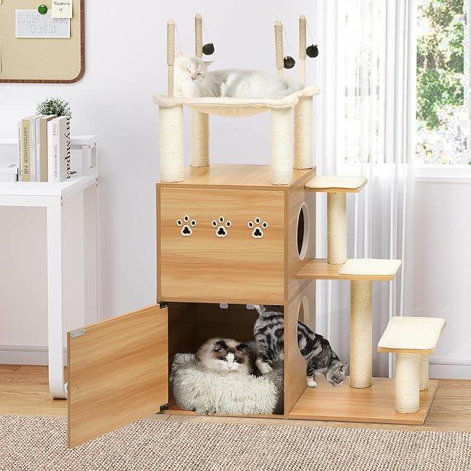 YITAHOME Modern Cat Tree with Litter Box Enclosure, Hidden Litter Box Furniture, Large Cat Tower with Hammock, All-in-One Wooden Cat Condo House for Indoor Cats