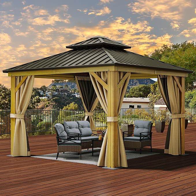 YITAHOME  Hardtop Gazebo with Nettings and Curtains, Wood Grain Heavy Duty Double Roof Galvanized Steel Outdoor Combined of Vertical Stripes Roof for Patio, Backyard, Deck, Lawns, Brown