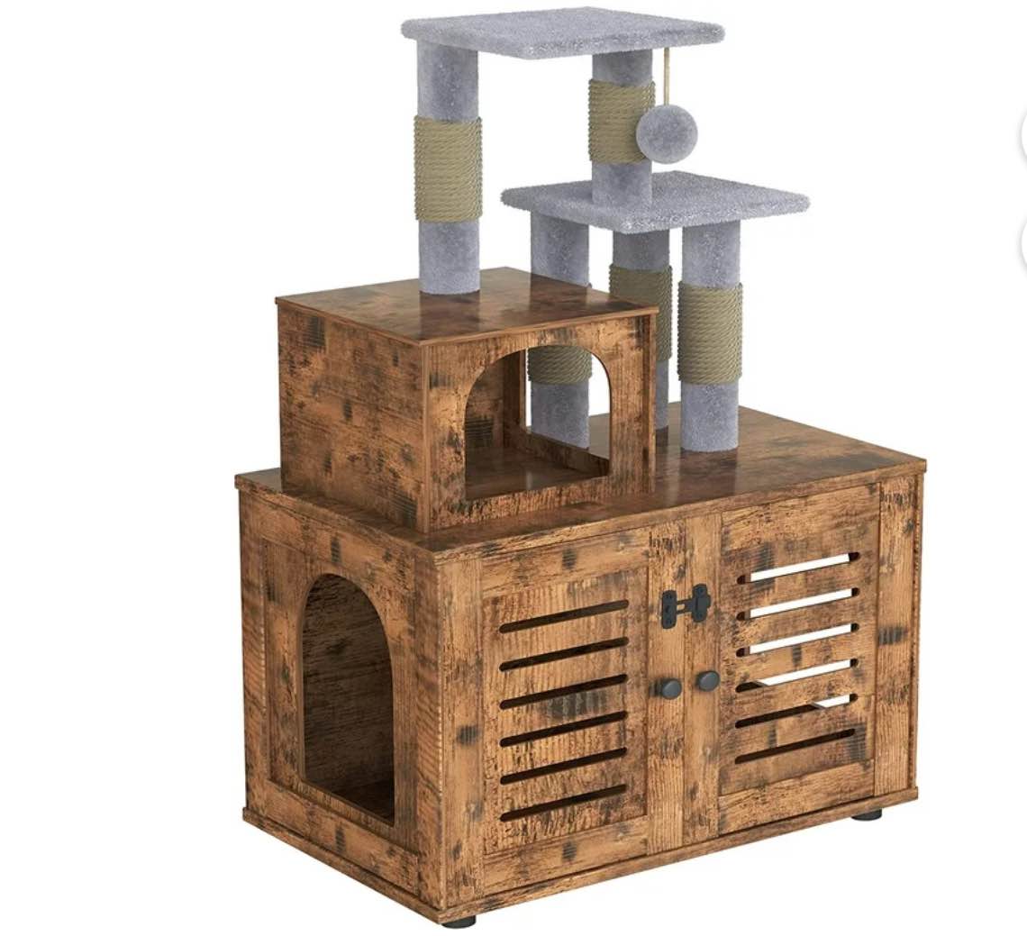 Recaceik Rustic Brown 2-Level 429" Cat Tree with Scratching Posts, Brown