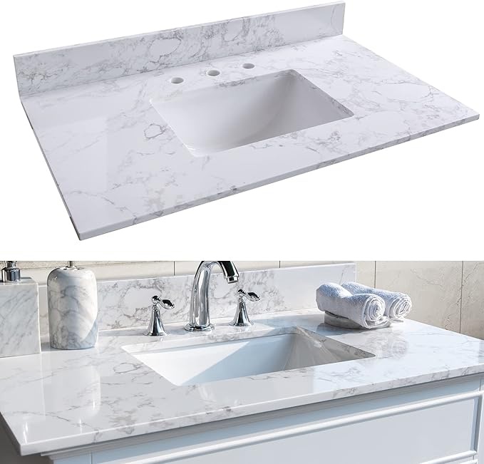 37 Inch Marble Vanity Top with Undermounted Rectangular Ceramic Sink & Backsplash, White Carrara Engl neered Stone Countertop for Bathroom Kitchen Cabinet 3 Faucet Pole (not Inetude Cabinet)