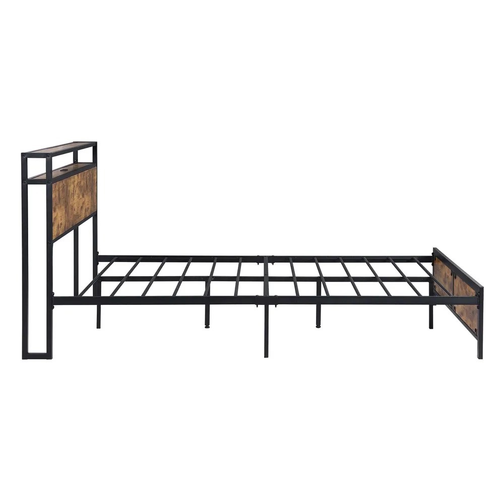 Industrial Full Bed Frame with LED Lights and 2 USB Ports, Bed Frame Full Size with Storage, Rustic Brown