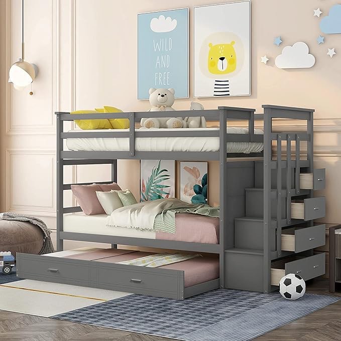 Stairway Twin-Over-Twin Bunk Bed w/ Twin Trundle, Gray.